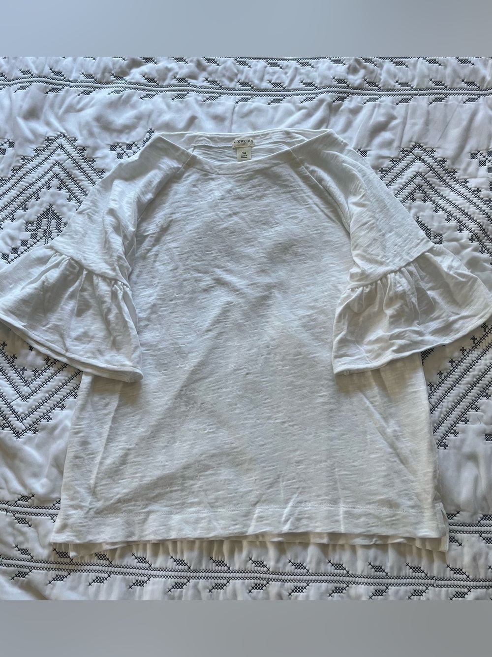 NWT Crewcuts J.Crew Girls 14 White Ruffle Bell Sleeve Slub Cotton Tee Shirt XL